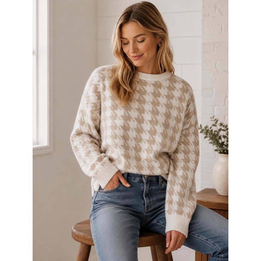 Z SUPPLY Cream Tan Houndstooth Crew Neck Sweater Womens Small